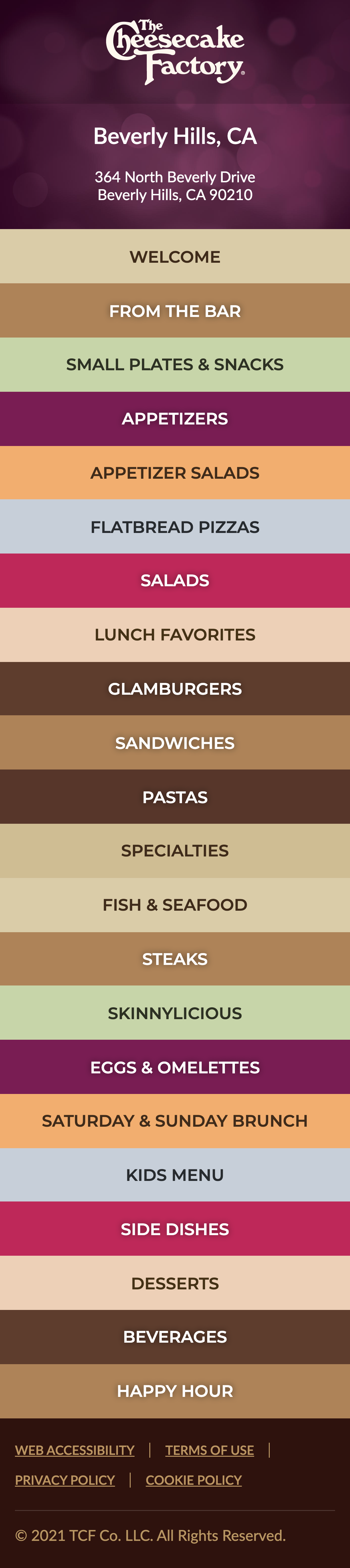 Screen shot of The Cheesecake Factory Menu site on a mobile phone