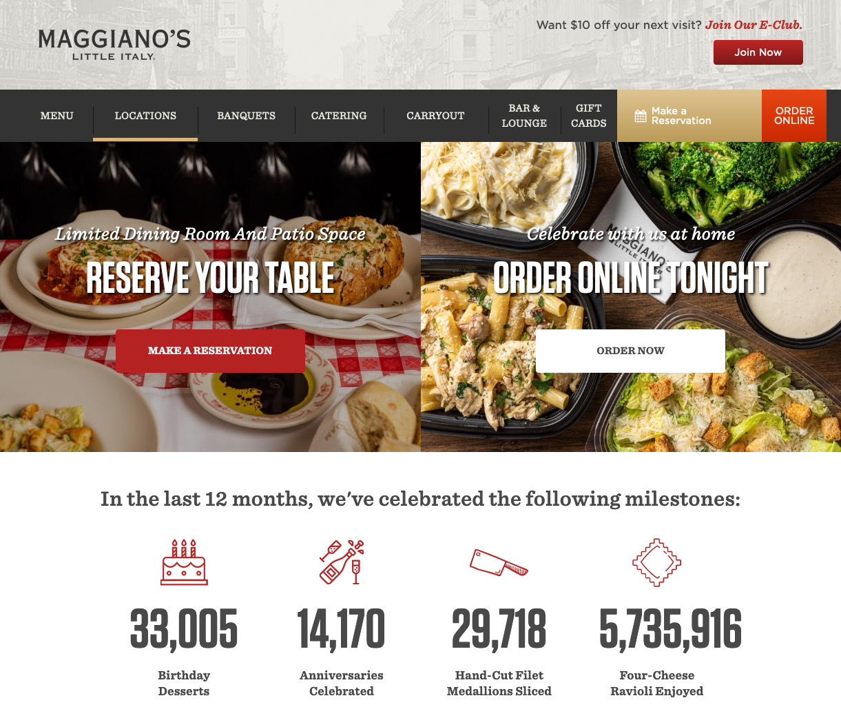A screen shot of the Maggiano's website