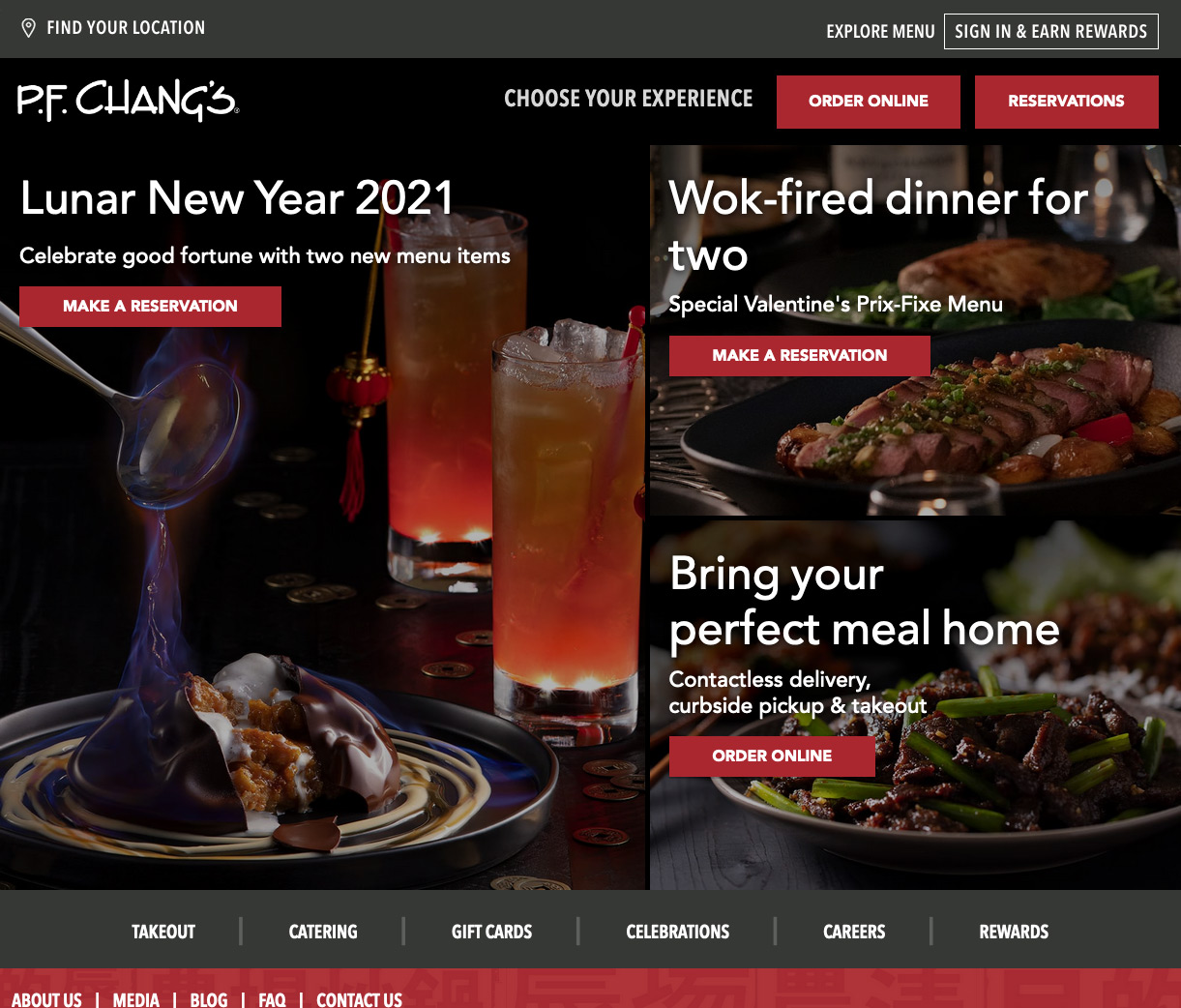 A screen shot of the PF Chang's website