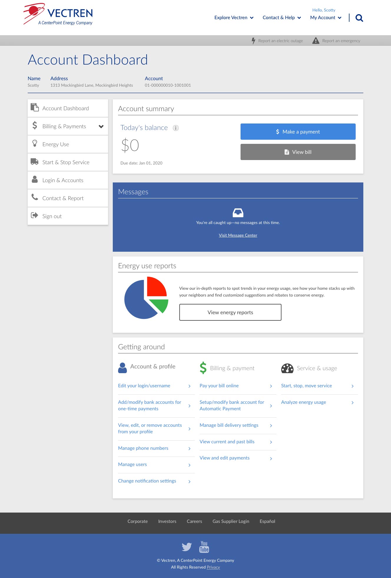Screen shot of the main account dashboard screen from Vectren.com