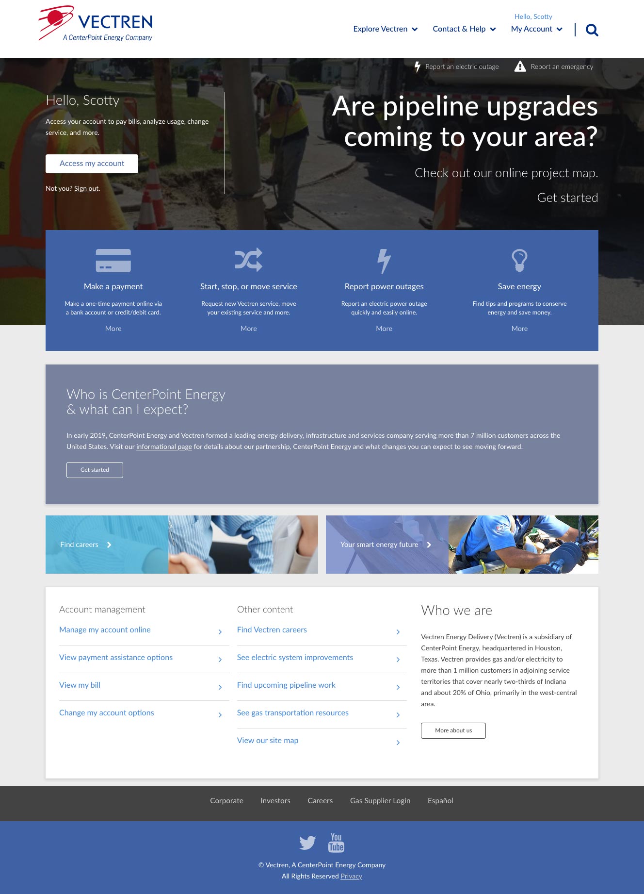 The Vectren home page on a desktop-sized display