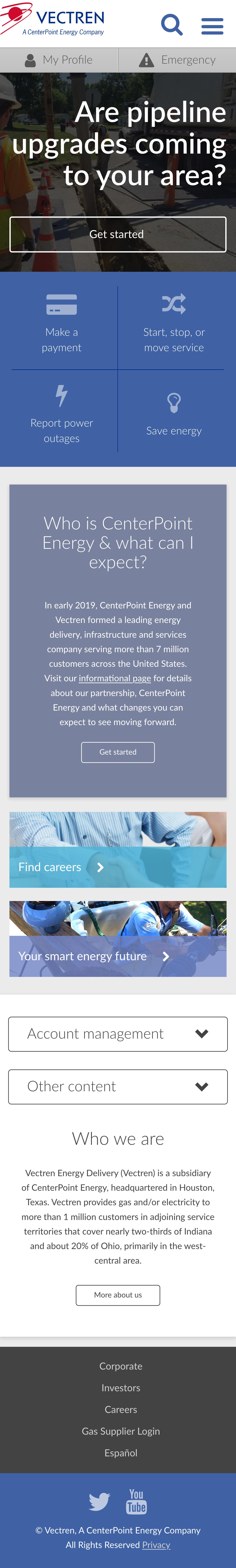 Screen shot of the Vectren.com home page on a mobile phone